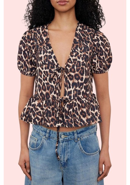 Kadın Leopar Desenli Bağlamalı Bluz Basic Kalıp Pamuk Günlük Kullanım Yaz Aylarının Vazgeçilmezi fiyatları