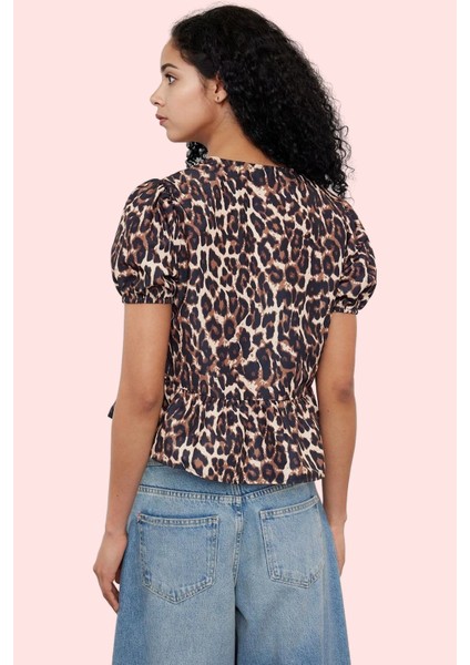 Kadın Leopar Desenli Bağlamalı Bluz Basic Kalıp Pamuk Günlük Kullanım Yaz Aylarının Vazgeçilmezi modelleri