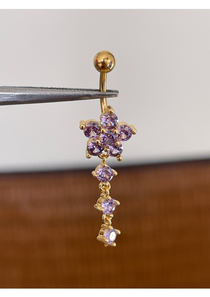 316 L Cerrahi Çelik Bar Ölçüsü 10 mm Mor Taşlı Sallantılı Çiçek Model Göbek Piercingi Mor