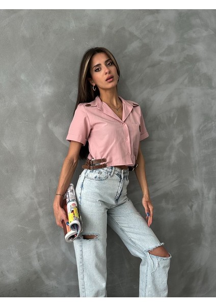 Kemer Detaylı V Yaka Crop Cepli Gömlek modelleri