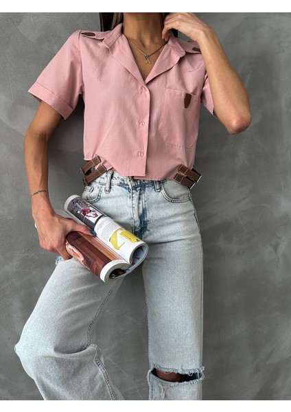 Kemer Detaylı V Yaka Crop Cepli Gömlek fırsatları