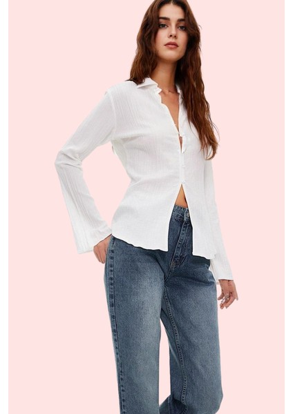 Kadın Dokulu Fitted Gömlek Crinkle Dokuma Günlük Kullanım Hafta Sonu Yaz Aylarının Vazgeçilmezi modelleri