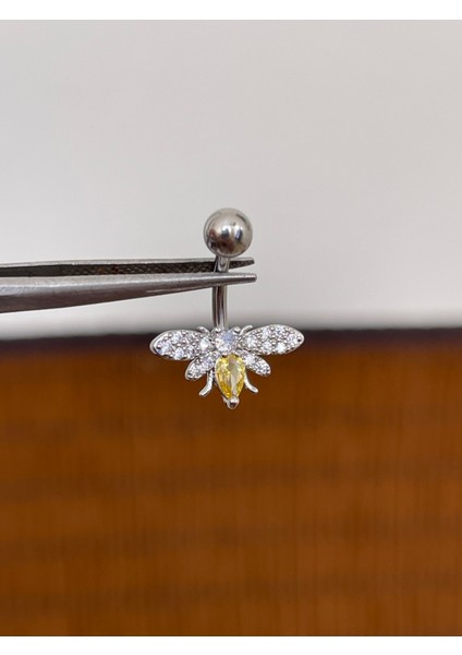 316 L Cerrahi Çelik Bar Ölçüsü 10 mm Baget Taşlı Arı Model Göbek Piercingi