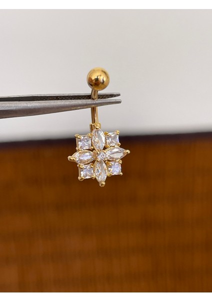316 L Cerrahi Çelik Bar Ölçüsü 10 mm Baget Taşlı Çiçek Model Göbek Piercingi