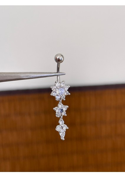 316 L Cerrahi Çelik Bar Ölçüsü 10 mm Kristal Taşlı Sallantılı Çiçek Model Göbek Piercingi