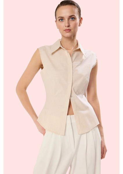 Kadın Kolsuz Çizgili Dokuma Gömlek Pamuk Yaz Aylarının Vazgeçilmezi Günlük Kullanım Hafta Sonu