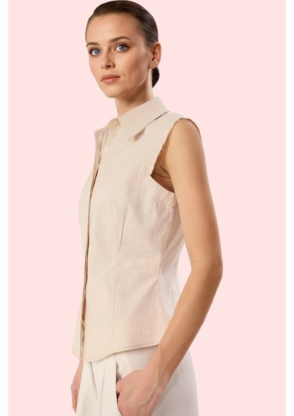 Kadın Kolsuz Çizgili Dokuma Gömlek Pamuk Yaz Aylarının Vazgeçilmezi Günlük Kullanım Hafta Sonu fiyatları