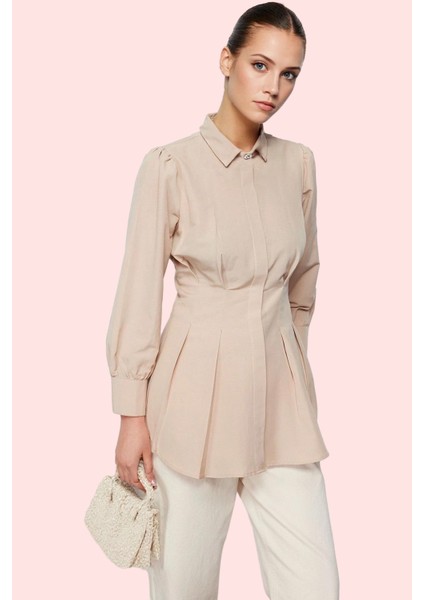 Kadın Dokuma Gömlek Incili Detay Belden Oturan Uzun Kol Günlük Hafta Sonu Kaliteli Malzeme