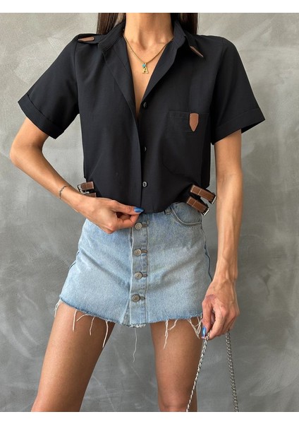 Kemer Detaylı V Yaka Crop Cepli Gömlek fırsatları