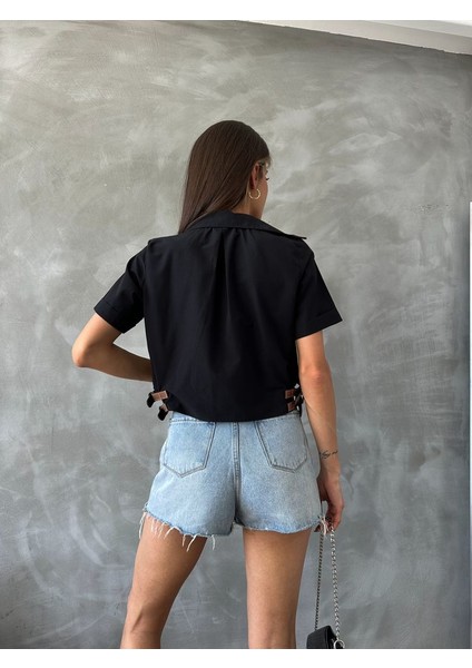 Kemer Detaylı V Yaka Crop Cepli Gömlek indirimleri