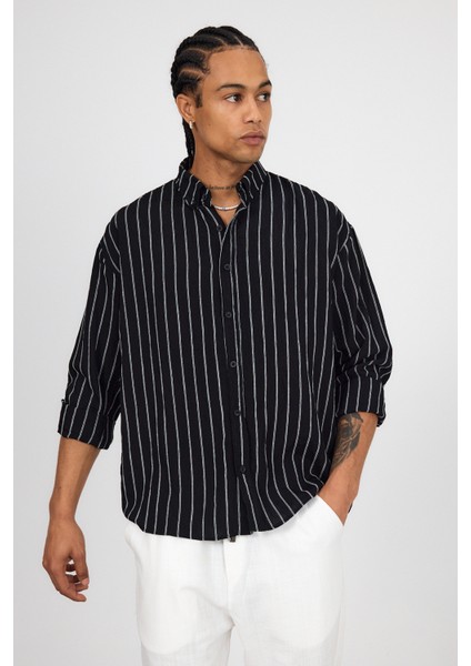 Oversize Keten Çizgili Uzun Kollu Gömlek