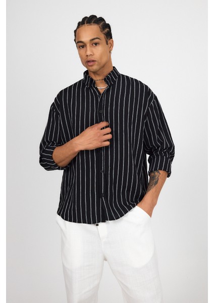 Oversize Keten Çizgili Uzun Kollu Gömlek fiyatları