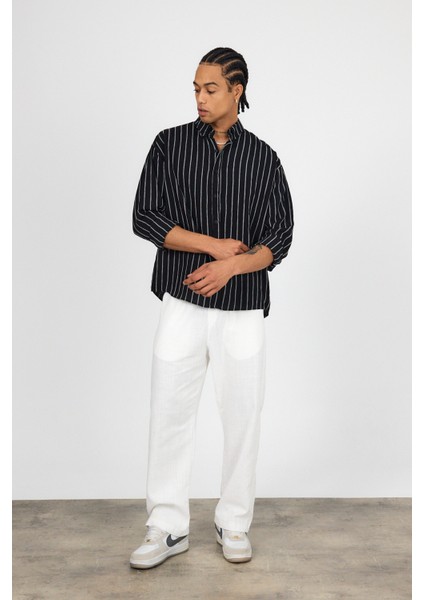 Oversize Keten Çizgili Uzun Kollu Gömlek modelleri