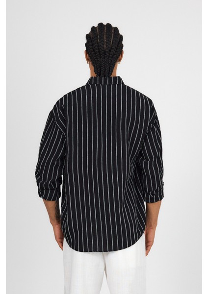 Oversize Keten Çizgili Uzun Kollu Gömlek fırsatları