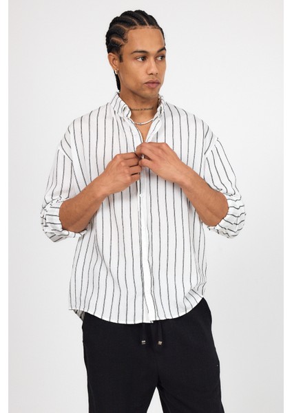 Oversize Keten Çizgili Uzun Kollu Gömlek fiyatları