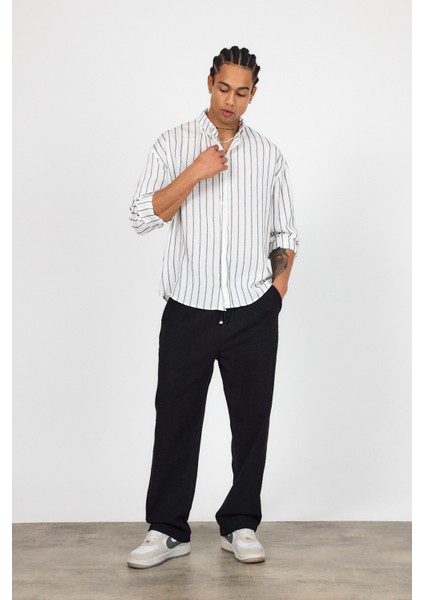 Oversize Keten Çizgili Uzun Kollu Gömlek modelleri