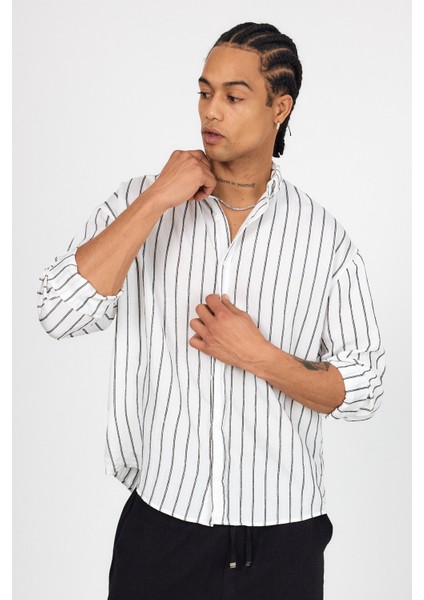 Oversize Keten Çizgili Uzun Kollu Gömlek indirimleri