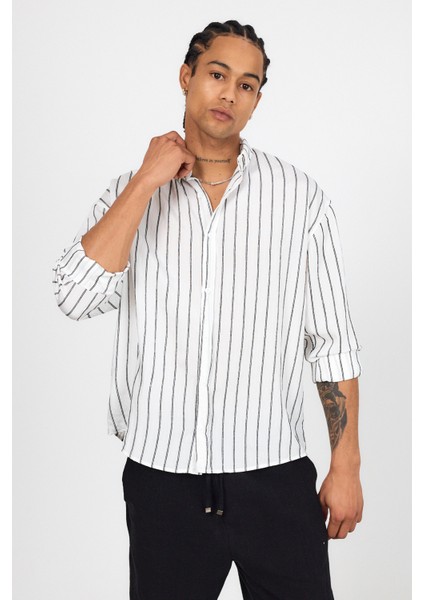 Oversize Keten Çizgili Uzun Kollu Gömlek