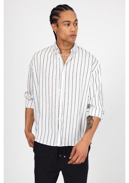 Oversize Keten Çizgili Uzun Kollu Gömlek