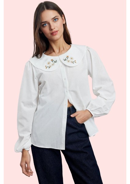 Kadın Uzun Kollu Pamuklu Gömlek Bebe Yaka Çiçek Nakış Detaylı Günlük Şıklık Modern Tasarım