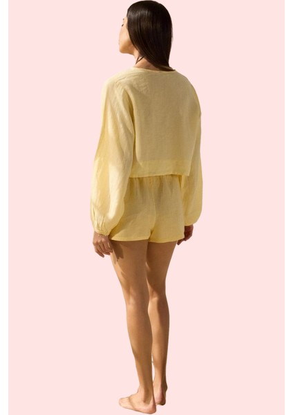 Kadın Bağlamalı Balon Kollu Keten Gömlek Crop Plaj Stilleri Için Yaz Aylarının Vazgeçilmezi