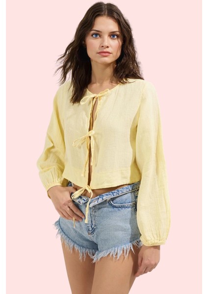 Kadın Bağlamalı Balon Kollu Keten Gömlek Crop Plaj Stilleri Için Yaz Aylarının Vazgeçilmezi fiyatları