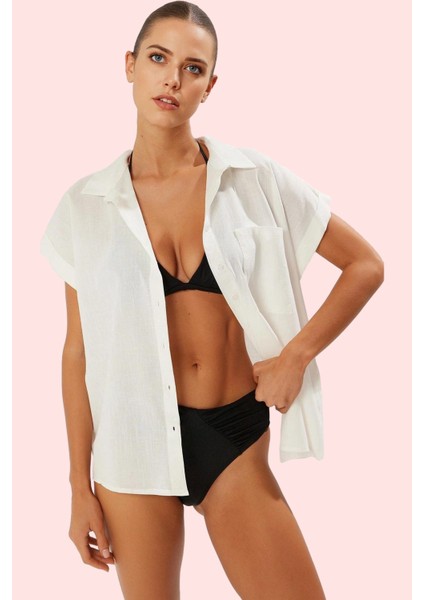 Kadın Pamuklu Plaj Gömleği Truvakar Kol Reglan Dik Yaka Günlük Kullanım Yaz Aylarının Vazgeçilmezi