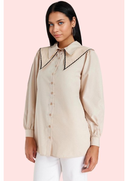 Kadın Pamuk Polyester Poplin Gömlek Taş Yaka Detaylı Günlük Kullanım Yaz Aylarının Vazgeçilmezi