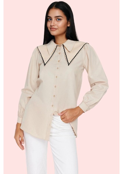 Kadın Pamuk Polyester Poplin Gömlek Taş Yaka Detaylı Günlük Kullanım Yaz Aylarının Vazgeçilmezi fiyatları