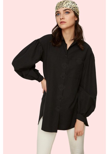 Kadın Basic Gömlek Viskon Karışımlı Dokuma Kumaş Relaxed Kalıp Uzun Kollu Günlük Şıklık Hafta Sonu
