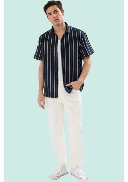 Erkek Basic Oversize Fit Kısa Kollu Gömlek Çizgili Desen Yazlık Yaz Aylarının Vazgeçilmezi