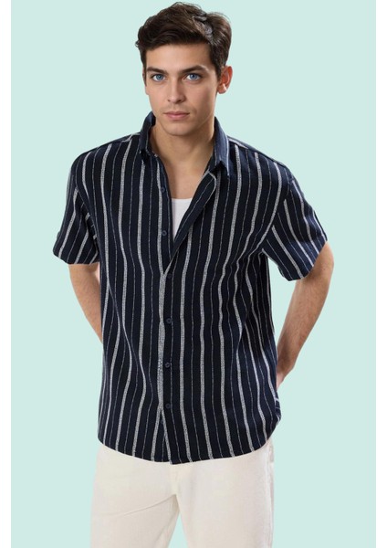 Erkek Basic Oversize Fit Kısa Kollu Gömlek Çizgili Desen Yazlık Yaz Aylarının Vazgeçilmezi fiyatları