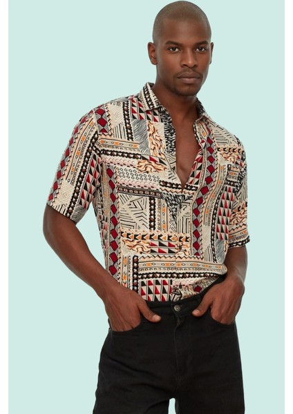Erkek Regular Kalıp Viskon Etnik Desenli Kısa Kollu Gömlek Günlük Kullanım Kaliteli Malzeme