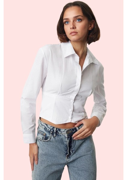 Kadın Crop Gömlek Pamuk Polyester Dokuma Kumaş Şık Tasarım Günlük Kullanım Kaliteli Malzeme