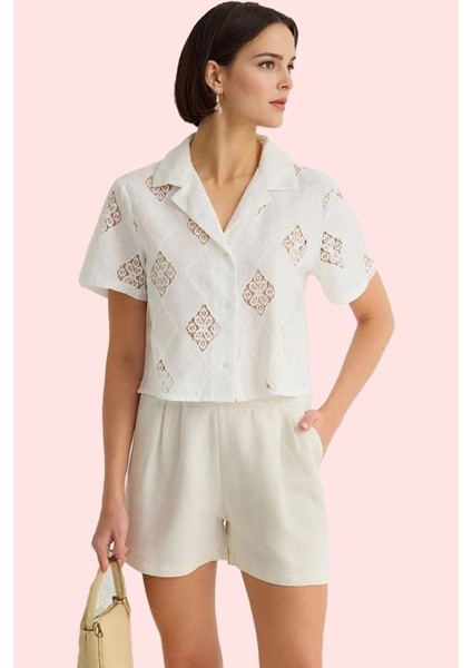 Kadın Crop Gömlek Ceket Yaka Kısa Kollu Yazlık Günlük Hafta Sonu Yaz Aylarının Vazgeçilmezi fiyatları