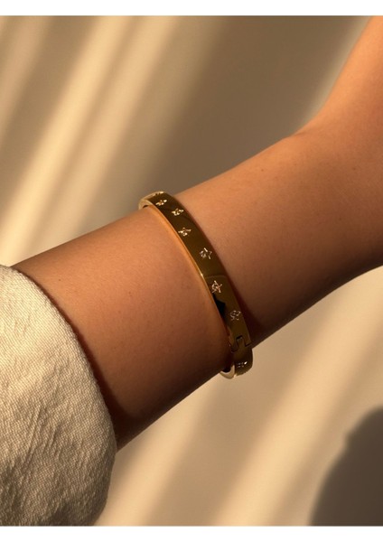 Beyaz Taşlı Yıldız Motifli Çelik Gold Kelepçe Bileklik fiyatları