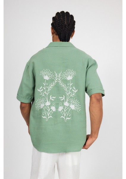 Nakış Detaylı Oversize Müslin Keten Gömlek