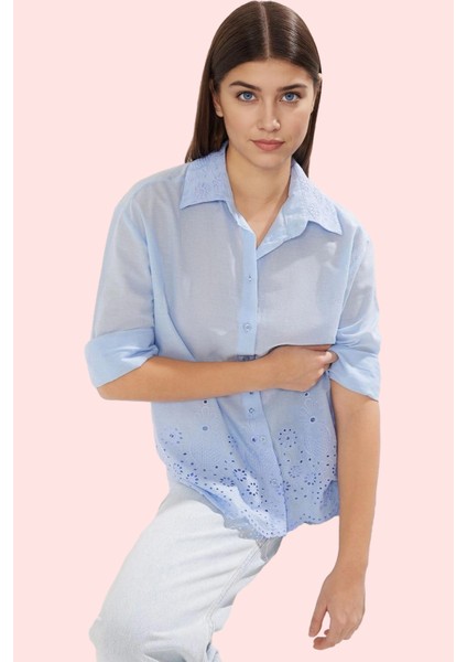 Kadın Uzun Kollu Brode Detaylı Gömlek; Pamuk Regular Kalıp Günlük ve Iş Yaz Aylarının Vazgeçilmezi