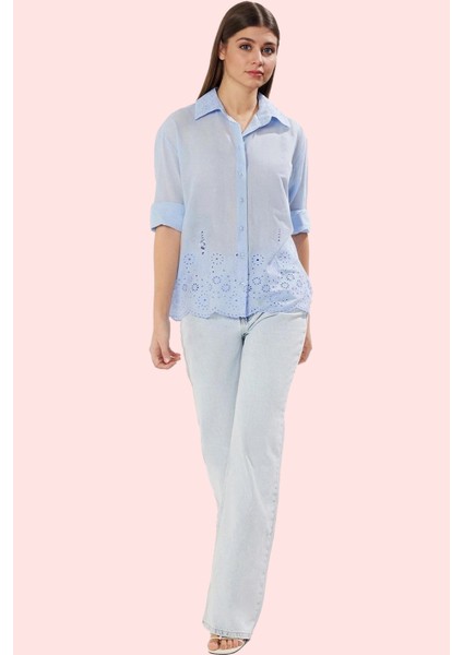 Kadın Uzun Kollu Brode Detaylı Gömlek; Pamuk Regular Kalıp Günlük ve Iş Yaz Aylarının Vazgeçilmezi fiyatları