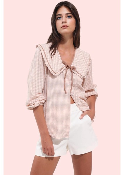 Kadın Polyester Gömlek Gofreli Dokuma Bebe Yaka Ekose Desenli Uzun Kollu Dayanıklı Malzeme