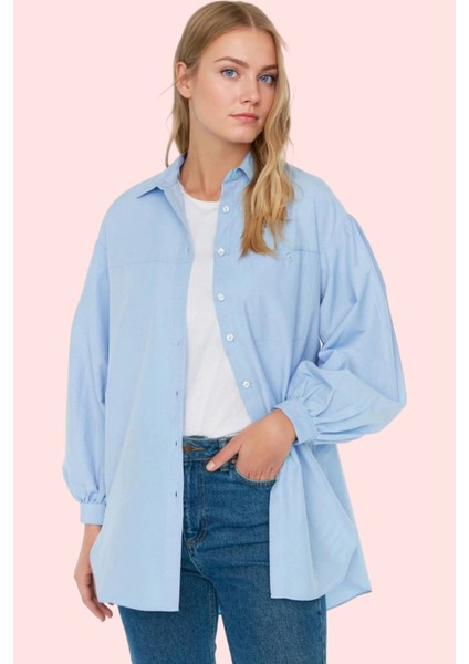 Kadın Basic Gömlek Viskon Karışımlı Dokuma Kumaş Relaxed Kalıp Uzun Kollu Günlük Şıklık Hafta Sonu