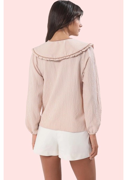 Kadın Polyester Gömlek Gofreli Dokuma Bebe Yaka Ekose Desenli Uzun Kollu Dayanıklı Malzeme fiyatları