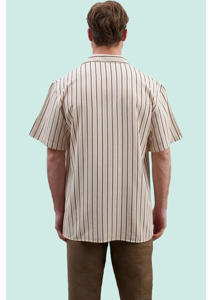 Erkek Yazlık Kısa Kollu Çizgili Keten Karışımlı Gömlek Oversize Apaş Yaka Rahat Günlük Kullanım fiyatları