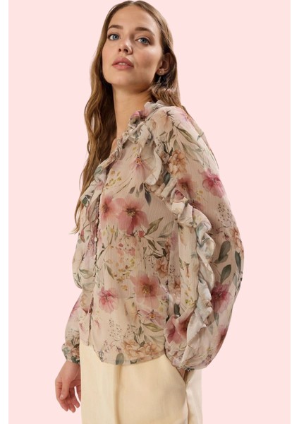 Kadın Şifon Gömlek Regular Kalıp Uzun Kol Çiçekli Desen Polyester Yaz Aylarının Vazgeçilmezi