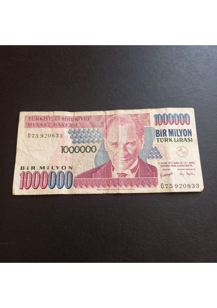 39963688417D3241B3 7.emisyon 1milyon Türk Lirası O75 Serisi Eski Kağıt Para