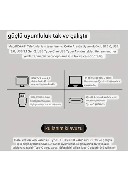 256Gb. 450Mb/s Yüksek Hızlı Usb Flash Bellek Type-C ve Usb 3.2 Kablo Dahil 2'si 1'Arada Ultra Hızlı Yeni Nesil Son Teknoloji Orjinal fırsatları