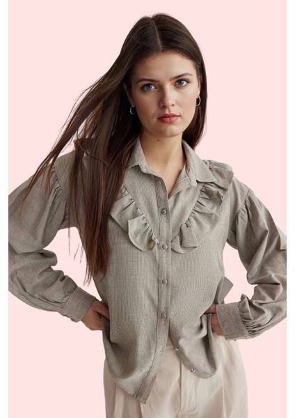 Kadın Regular Gömlek; Gömlek Yaka Çizgili Viskoz Karışımlı Kumaş Günlük Stil Modern Tasarım