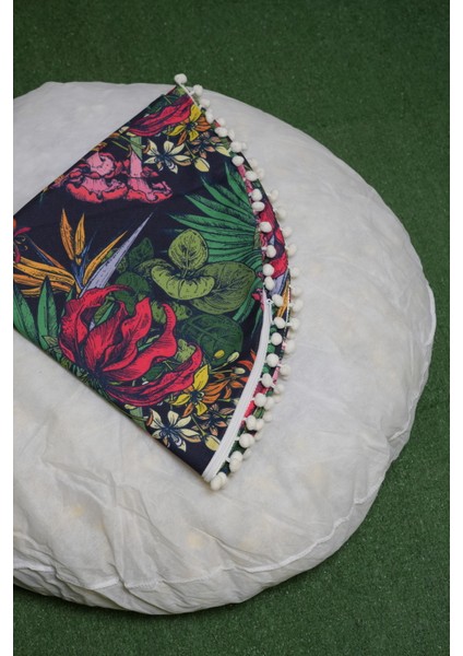 Çiçek Desenli - Yıkanabilir Kılıflı Yer Minderi – Çift Taraflı Ponponlu - Koltuk Yastığı, Meditasyon Yastığı, Oturma Odası Veya Balkon