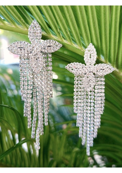 Gümüş Renk Zirkon Taşlı Lüks Abiye Küpe