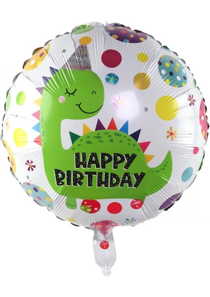 Yuvarlak Happy Birthday Baskılı Yeşil Dinazor Folyo Balon